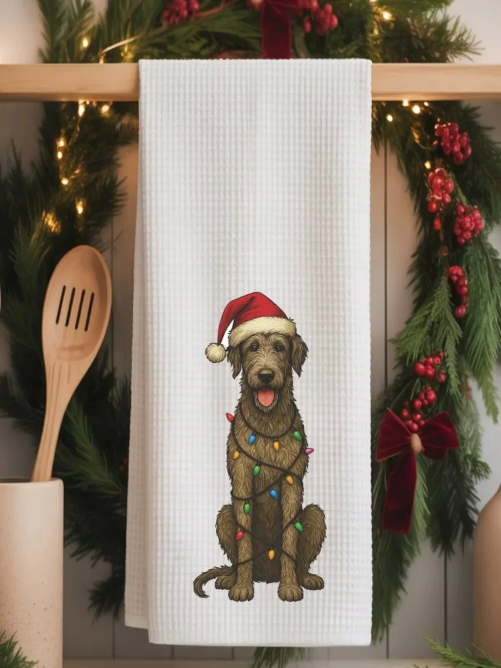 Irish Wolfhound Christmas Lights Decorative Kitchen Tea Towel